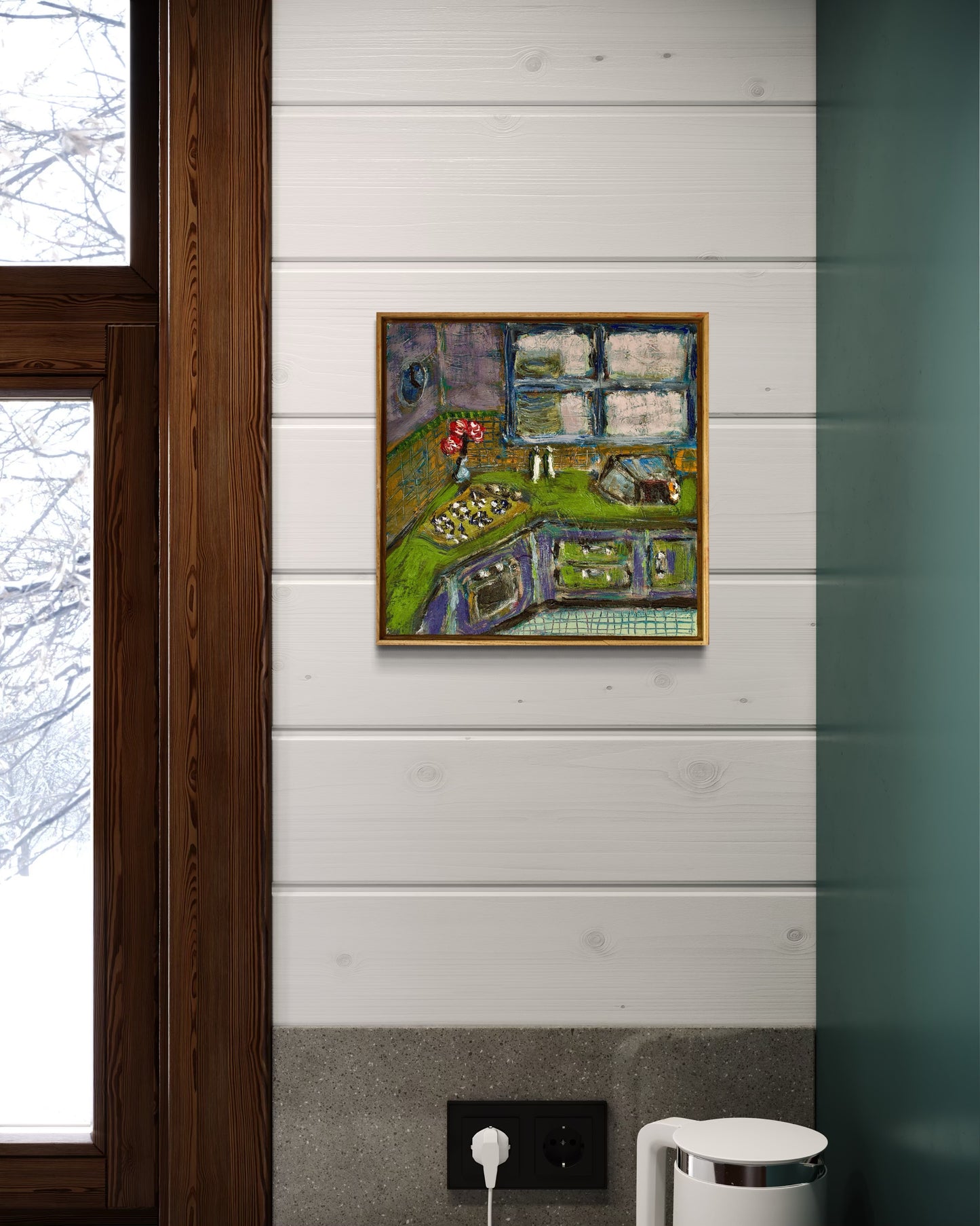 Zapped by the Microwave - Original Oil on Aluminium Composite Panel - 30cm x 30cm - Framed in Low-Profile Oak